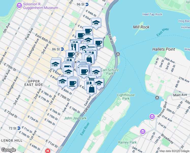 map of restaurants, bars, coffee shops, grocery stores, and more near 120 East End Avenue in New York