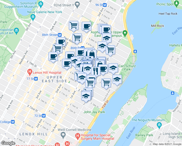 map of restaurants, bars, coffee shops, grocery stores, and more near 408 East 82nd Street in New York