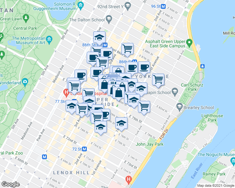 map of restaurants, bars, coffee shops, grocery stores, and more near in New York