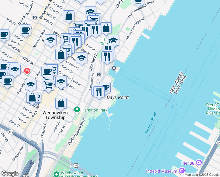 map of restaurants, bars, coffee shops, grocery stores, and more near 900 Avenue at Port Imperial in Weehawken