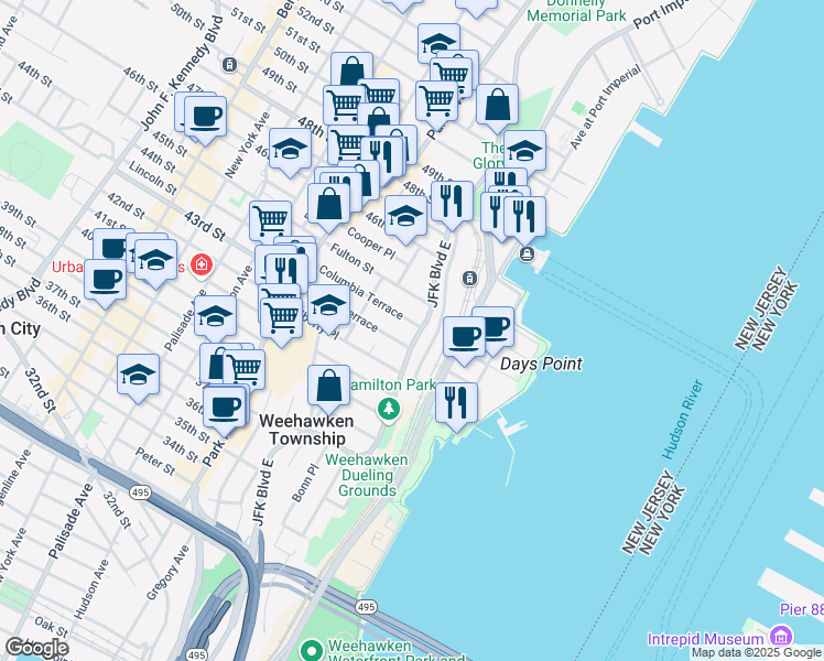 map of restaurants, bars, coffee shops, grocery stores, and more near 883 Boulevard East in Weehawken