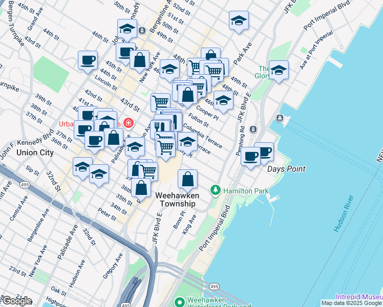 map of restaurants, bars, coffee shops, grocery stores, and more near 43 Clifton Terrace in Weehawken