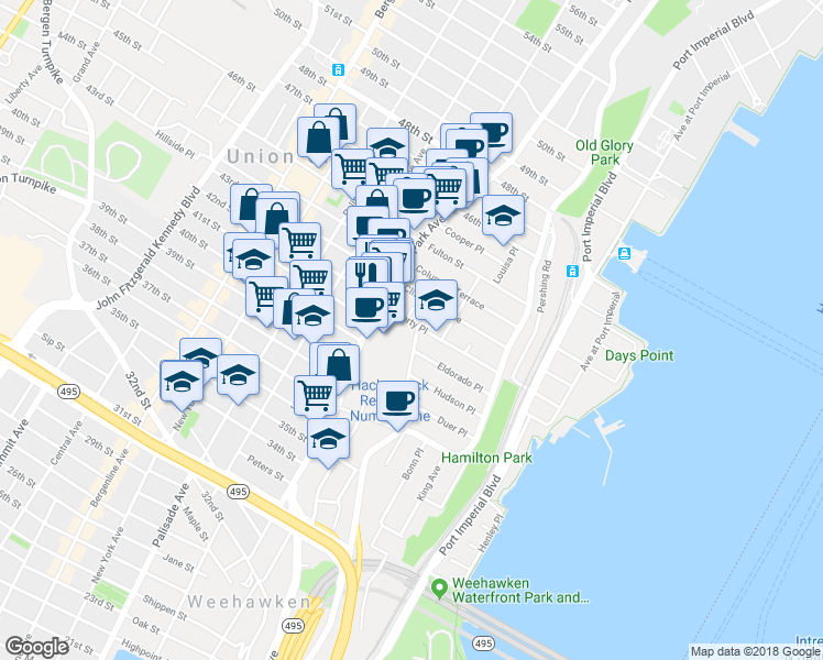 map of restaurants, bars, coffee shops, grocery stores, and more near 71 Liberty Place in Weehawken