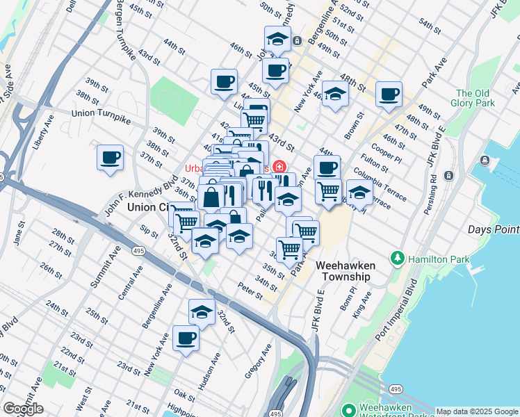 map of restaurants, bars, coffee shops, grocery stores, and more near 318 38th Street in Union City