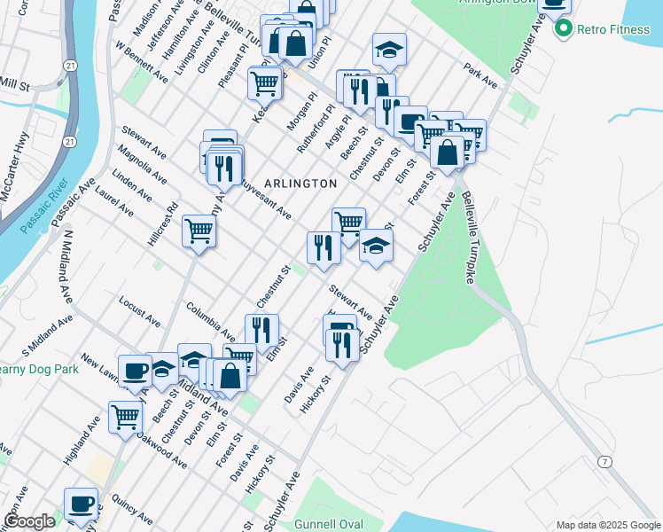 map of restaurants, bars, coffee shops, grocery stores, and more near 636 Elm Street in Kearny