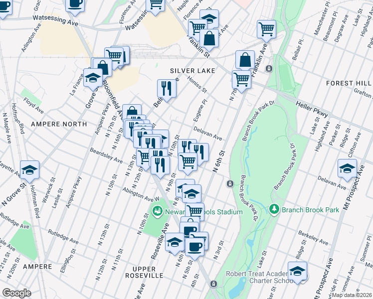map of restaurants, bars, coffee shops, grocery stores, and more near 552 North 9th Street in Newark