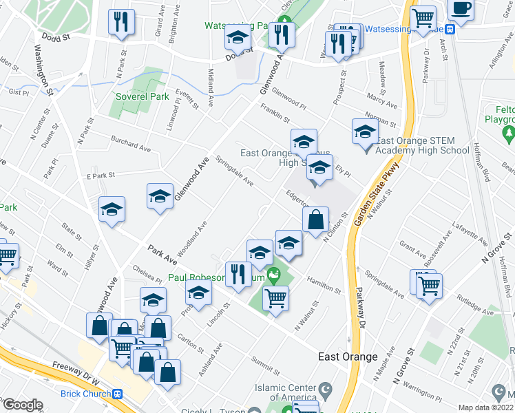 map of restaurants, bars, coffee shops, grocery stores, and more near 275 Prospect Street in East Orange