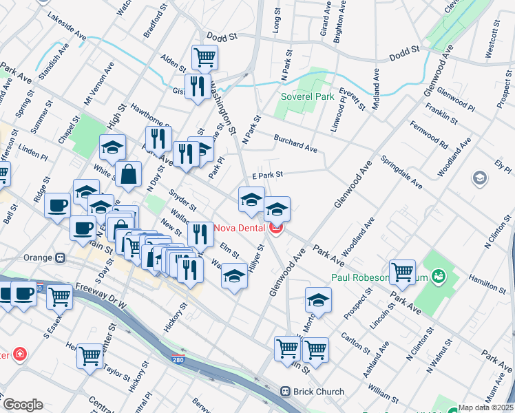 map of restaurants, bars, coffee shops, grocery stores, and more near 730 Park Avenue in East Orange
