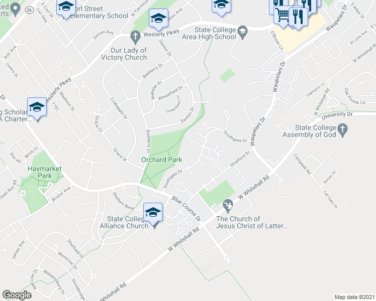 map of restaurants, bars, coffee shops, grocery stores, and more near 915 Southgate Drive in State College