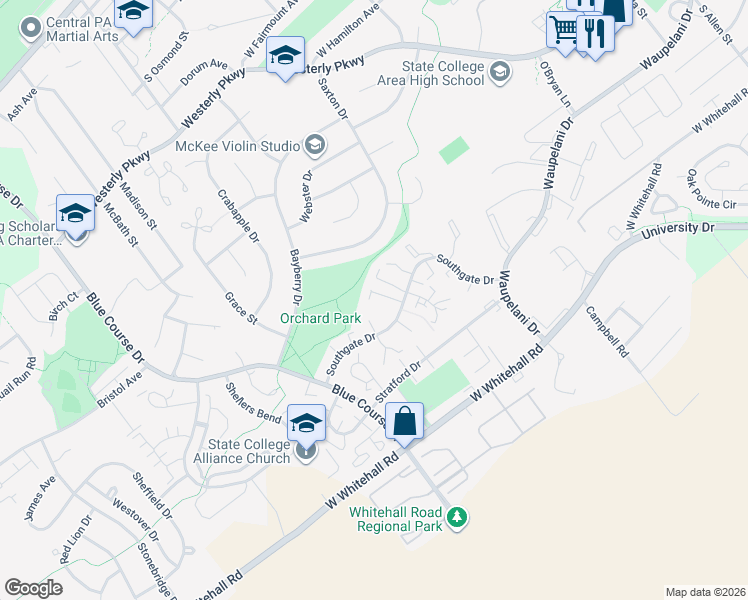 map of restaurants, bars, coffee shops, grocery stores, and more near 915 Southgate Drive in State College
