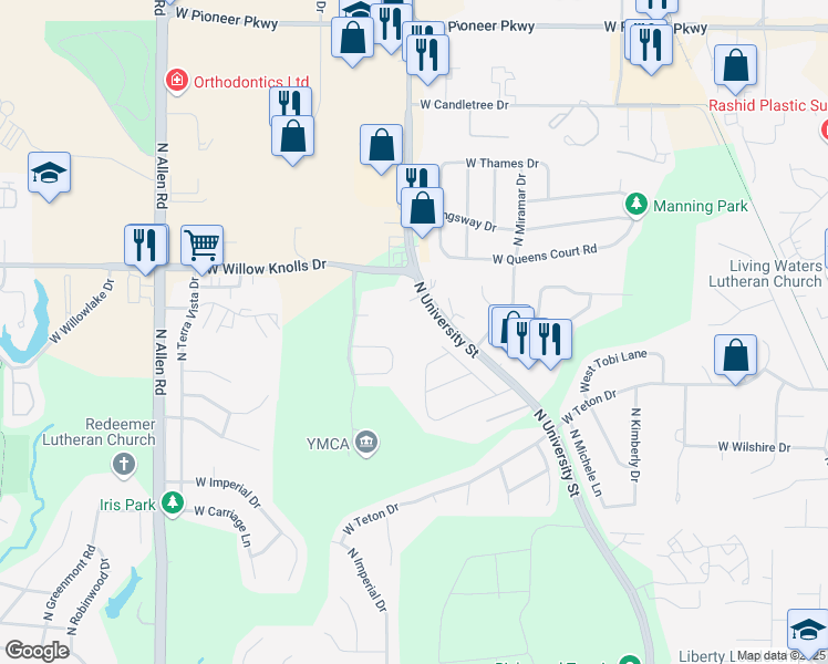 map of restaurants, bars, coffee shops, grocery stores, and more near 1913 West Willow Crest Drive in Peoria