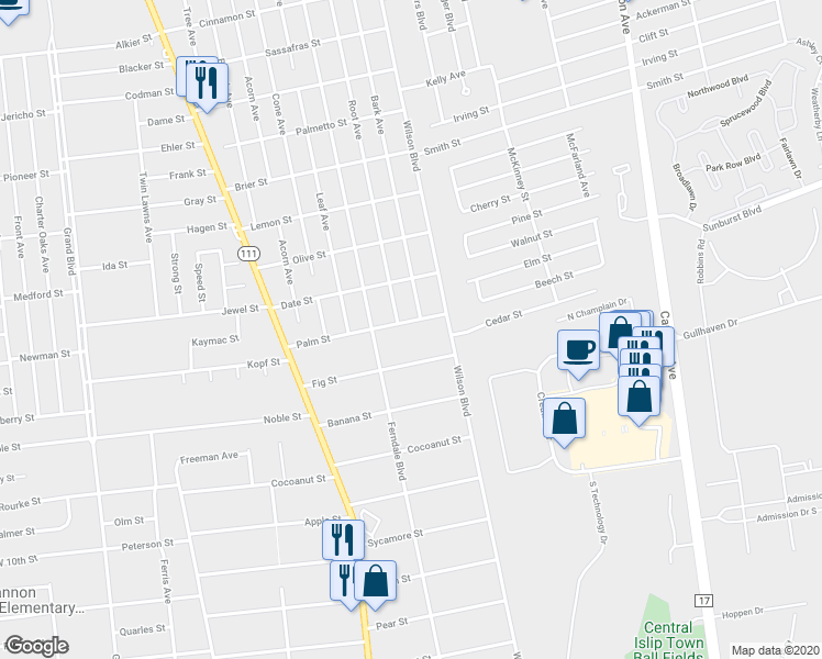 map of restaurants, bars, coffee shops, grocery stores, and more near 16 Palm Street in Central Islip