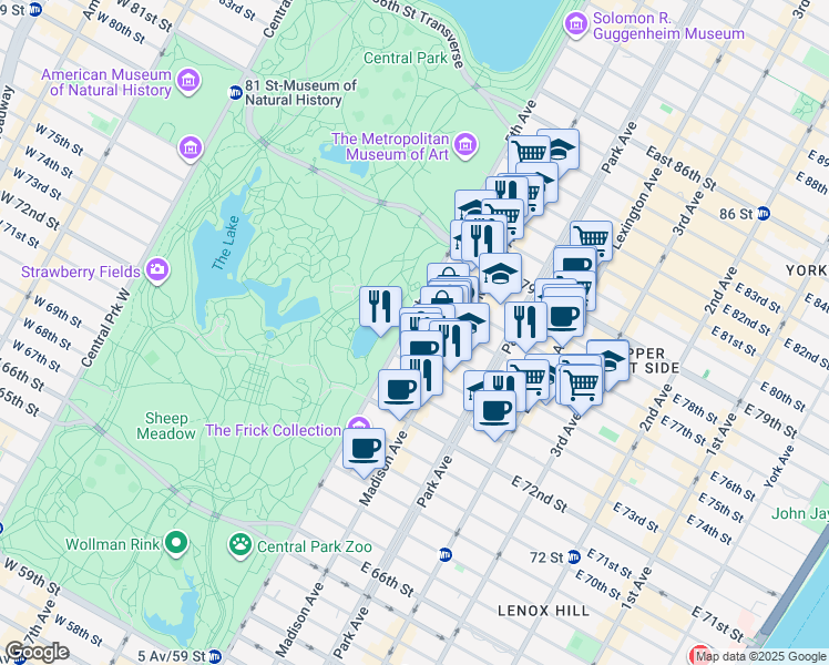 map of restaurants, bars, coffee shops, grocery stores, and more near 1 East 75th Street in New York