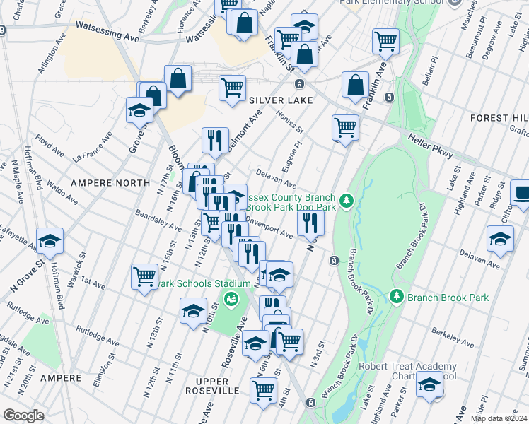 map of restaurants, bars, coffee shops, grocery stores, and more near 552 North 9th Street in Newark