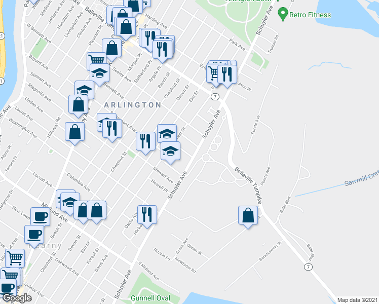 map of restaurants, bars, coffee shops, grocery stores, and more near 33 Shepherd Place in Kearny