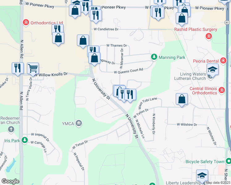 map of restaurants, bars, coffee shops, grocery stores, and more near 7116 North Miramar Drive in Peoria