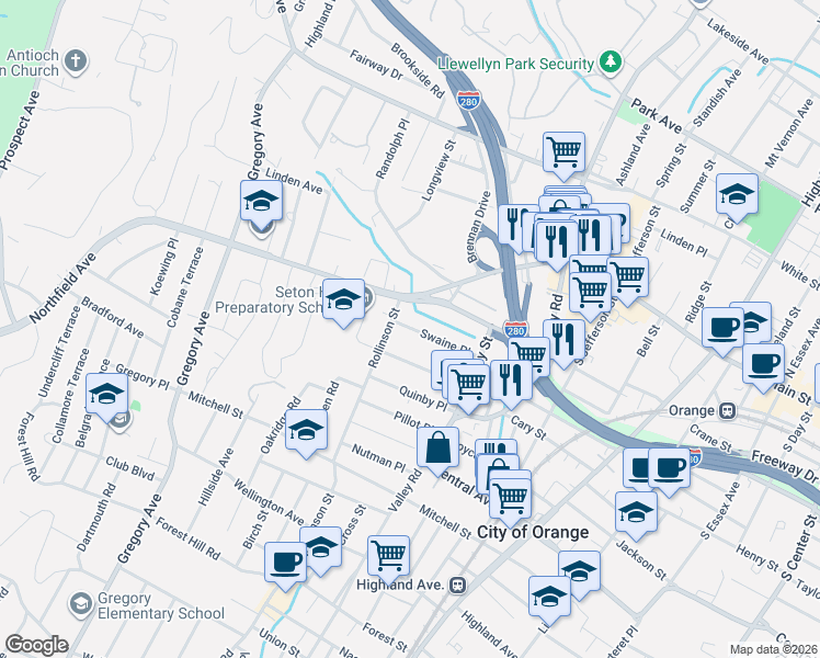 map of restaurants, bars, coffee shops, grocery stores, and more near 89 Swaine Place in West Orange