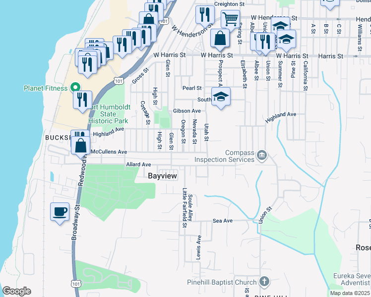 map of restaurants, bars, coffee shops, grocery stores, and more near 3571 Oregon Street in Eureka