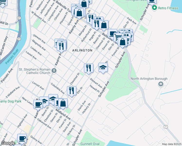 map of restaurants, bars, coffee shops, grocery stores, and more near 625 Elm Street in Kearny