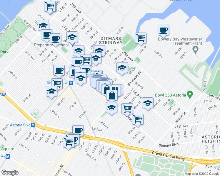 map of restaurants, bars, coffee shops, grocery stores, and more near 21-51 37th Street in Queens