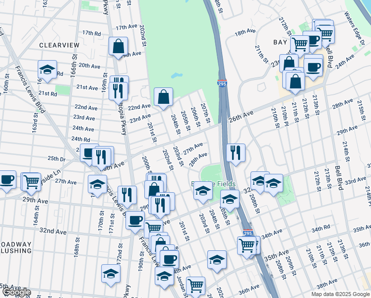 map of restaurants, bars, coffee shops, grocery stores, and more near 203-21 27th Avenue in Queens