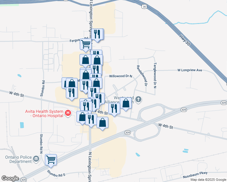 map of restaurants, bars, coffee shops, grocery stores, and more near 427 Rosewood Court in Ontario