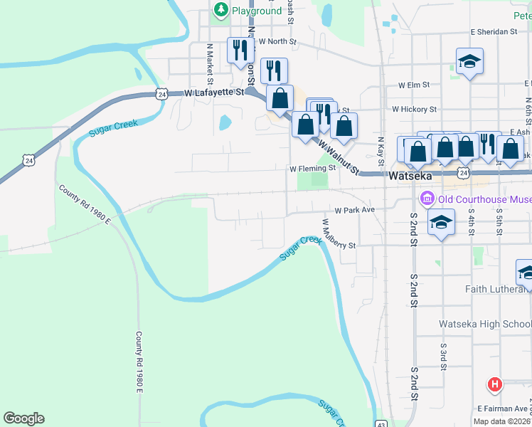 map of restaurants, bars, coffee shops, grocery stores, and more near 428 West Park Avenue in Watseka