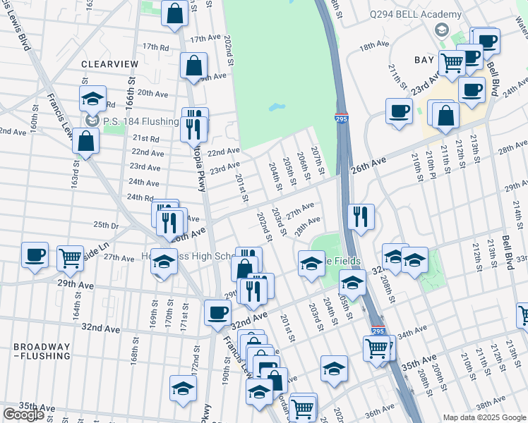 map of restaurants, bars, coffee shops, grocery stores, and more near 26-09 202nd Street in Queens