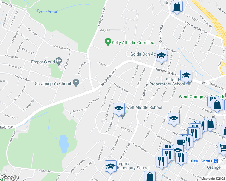 map of restaurants, bars, coffee shops, grocery stores, and more near 2 Collamore Terrace in West Orange