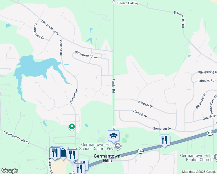 map of restaurants, bars, coffee shops, grocery stores, and more near 102 Seth Court in Germantown Hills