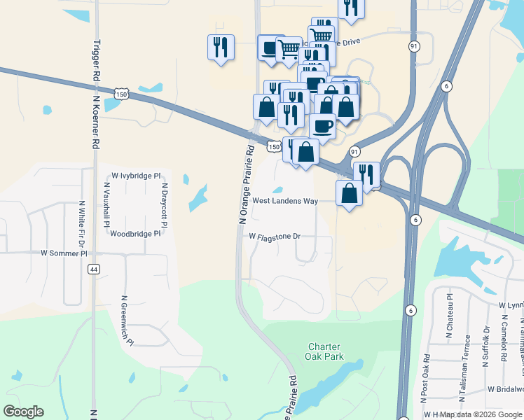 map of restaurants, bars, coffee shops, grocery stores, and more near 7107 North Thomas Davis Drive in Peoria