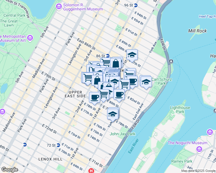 map of restaurants, bars, coffee shops, grocery stores, and more near 1575 1st Avenue in New York