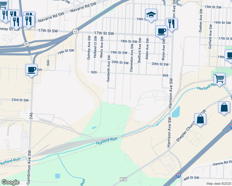 map of restaurants, bars, coffee shops, grocery stores, and more near 2218 Tanner Avenue Southwest in Canton