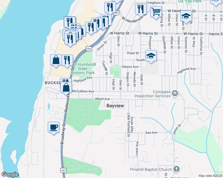map of restaurants, bars, coffee shops, grocery stores, and more near 3565 Cottage Street in Eureka