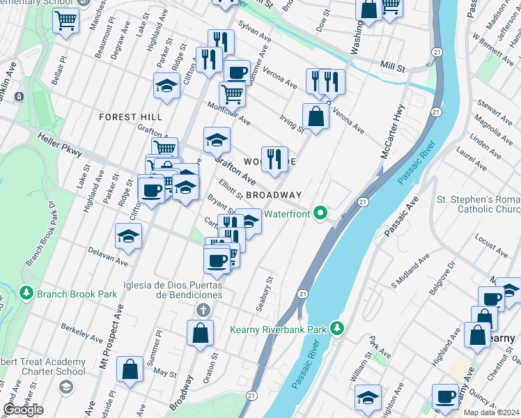 map of restaurants, bars, coffee shops, grocery stores, and more near 710 Broadway in Newark