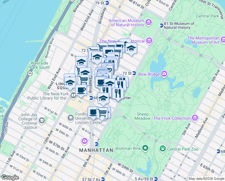 map of restaurants, bars, coffee shops, grocery stores, and more near 39 West 68th Street in New York