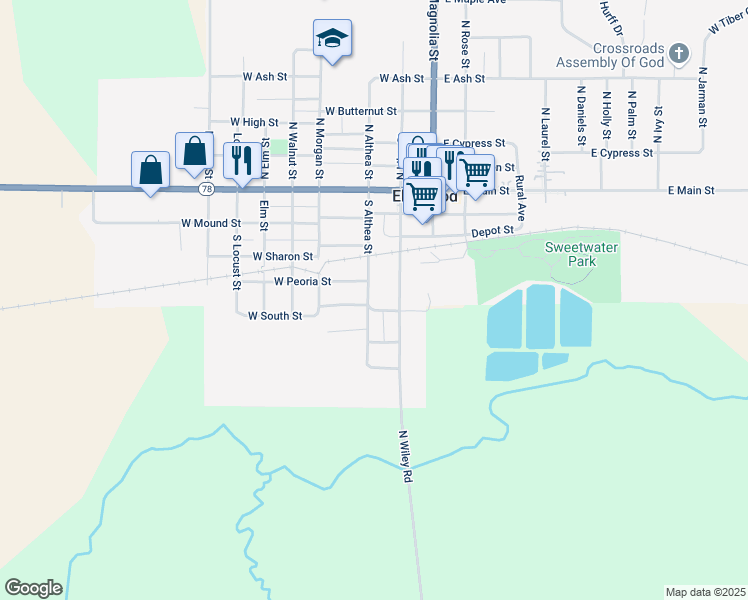 map of restaurants, bars, coffee shops, grocery stores, and more near 509 South Althea Street in Elmwood