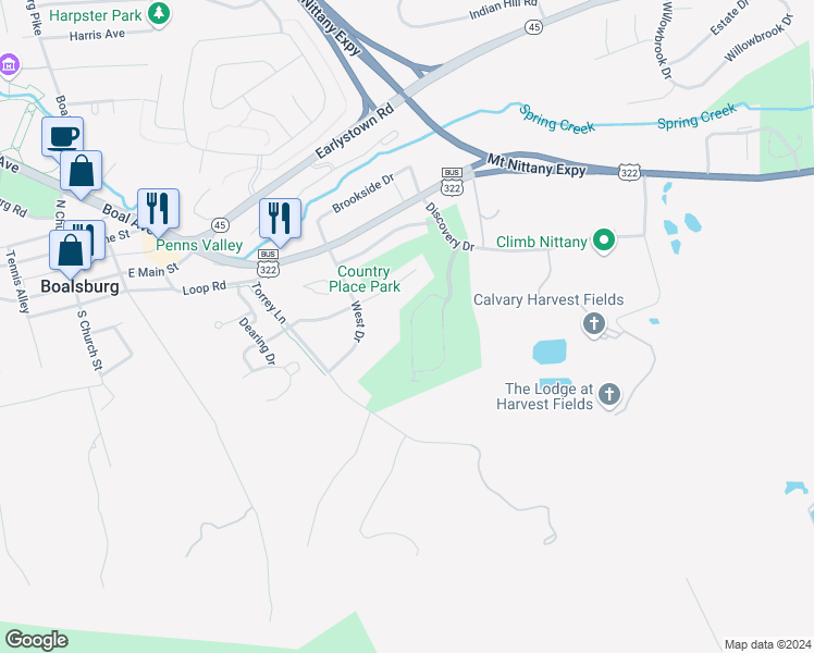 map of restaurants, bars, coffee shops, grocery stores, and more near 160 Towhee Drive in Boalsburg