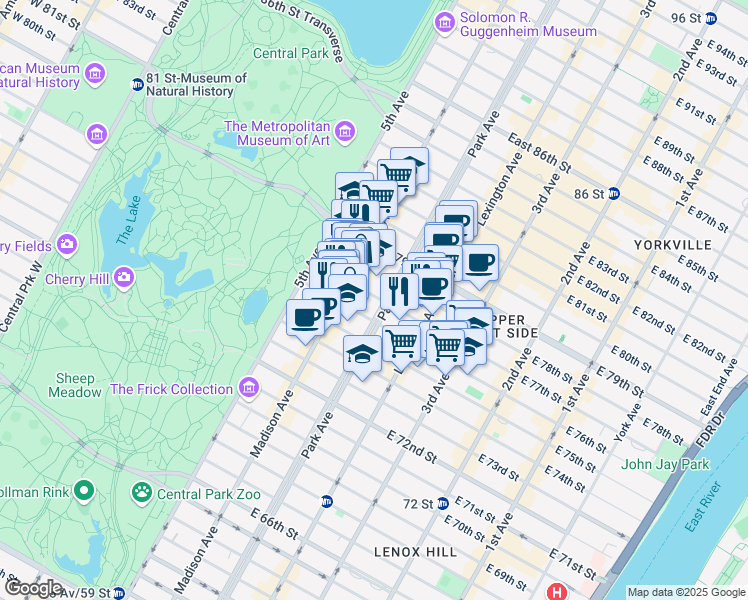 map of restaurants, bars, coffee shops, grocery stores, and more near 80 East 77th Street in New York