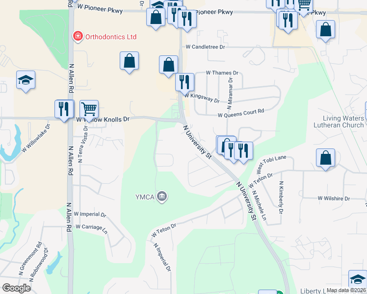 map of restaurants, bars, coffee shops, grocery stores, and more near 1913 West Willow Crest Drive in Peoria