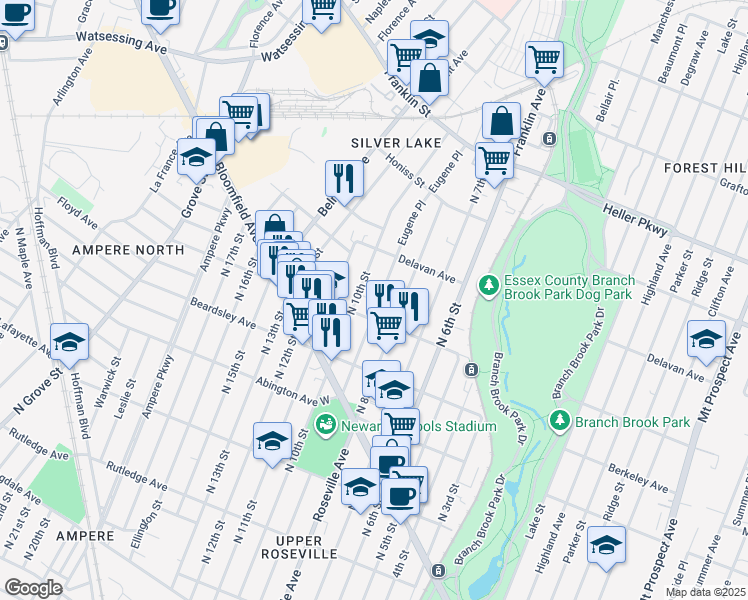 map of restaurants, bars, coffee shops, grocery stores, and more near 552 North 9th Street in Newark