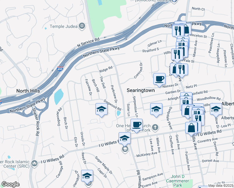 map of restaurants, bars, coffee shops, grocery stores, and more near 68 Parkview Drive in Albertson