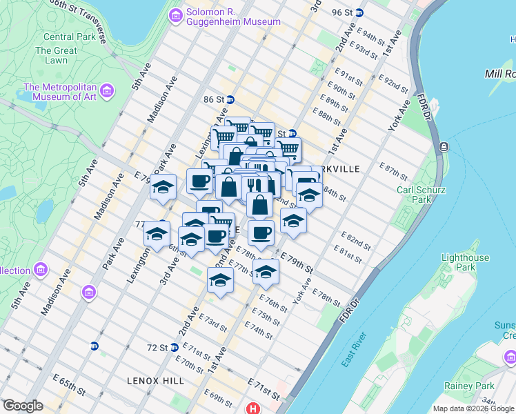 map of restaurants, bars, coffee shops, grocery stores, and more near 300 East 81st Street in New York
