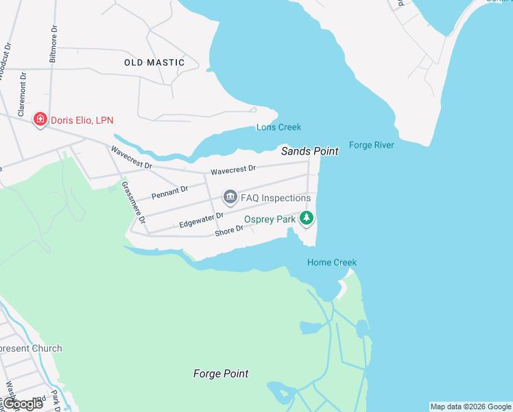 map of restaurants, bars, coffee shops, grocery stores, and more near 26 Edgewater Drive in Mastic Beach