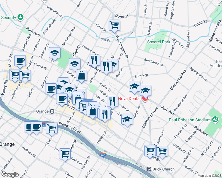 map of restaurants, bars, coffee shops, grocery stores, and more near 211 Snyder Street in City of Orange