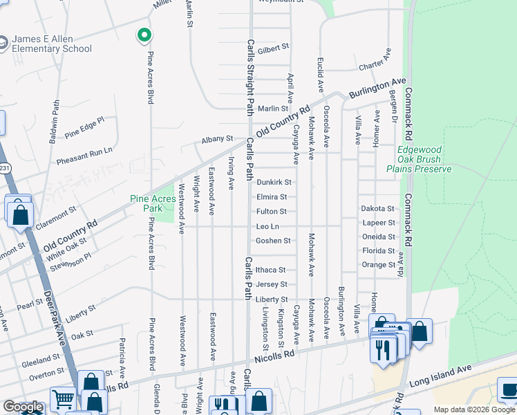 map of restaurants, bars, coffee shops, grocery stores, and more near 7 Fulton Street in Deer Park