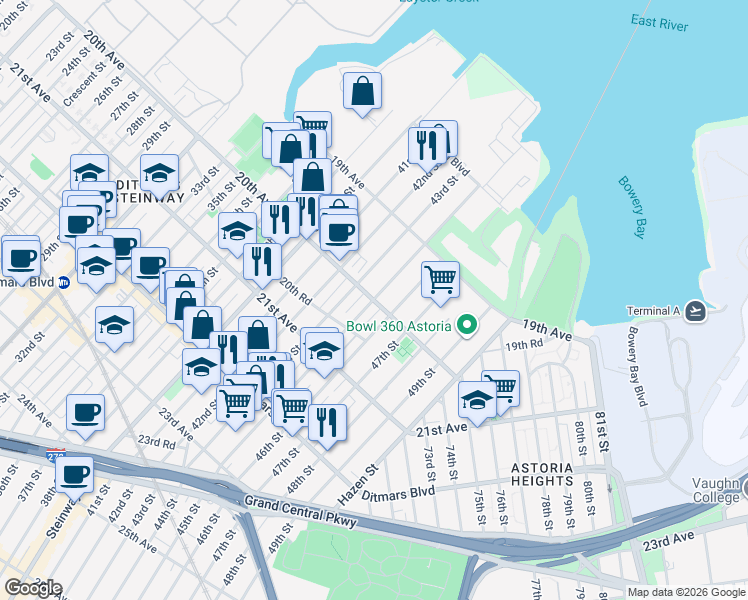 map of restaurants, bars, coffee shops, grocery stores, and more near 20th Avenue & 45th Street in Queens