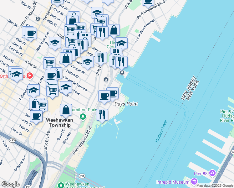 map of restaurants, bars, coffee shops, grocery stores, and more near Avenue at Port Imperial in Weehawken