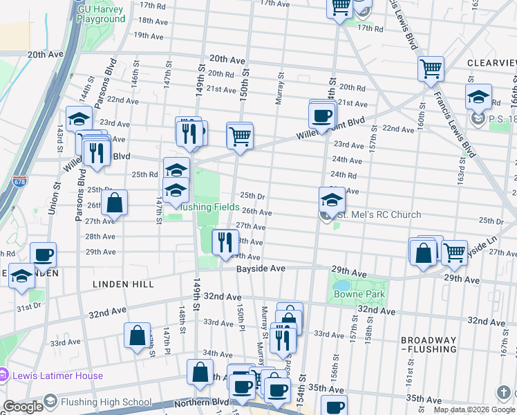map of restaurants, bars, coffee shops, grocery stores, and more near 150-41 26th Avenue in Queens