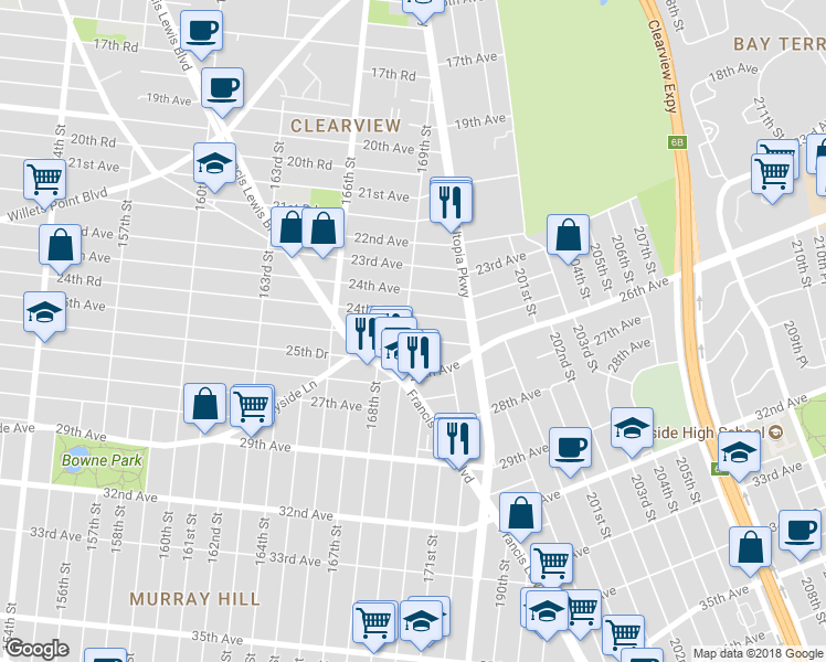 map of restaurants, bars, coffee shops, grocery stores, and more near 24-39 169th Street in Queens